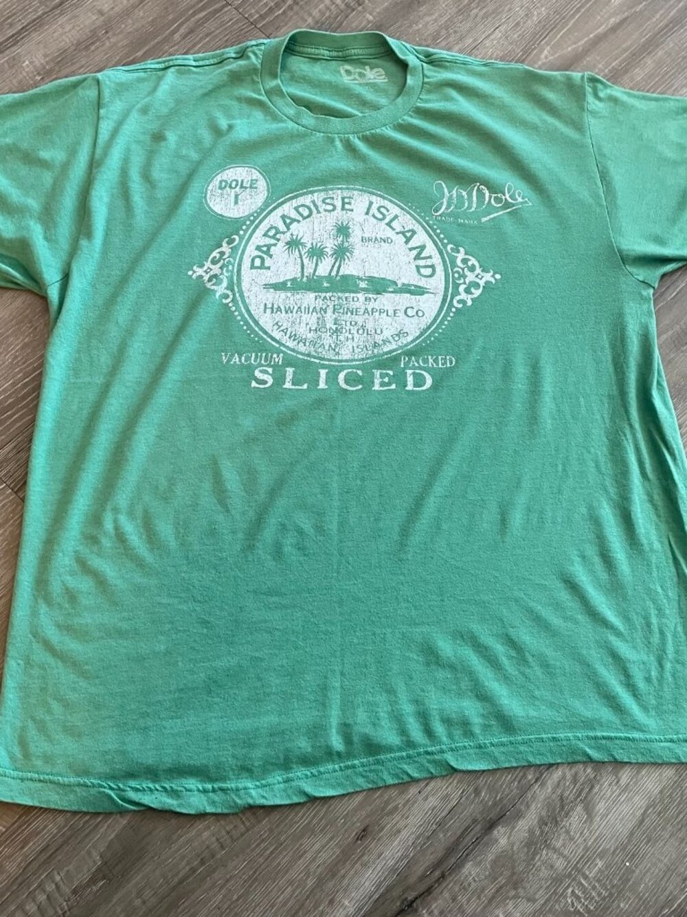 Dole Paradise Island Brand Men's T-Shirt Size XL Green White Retro Hawaiian Tee